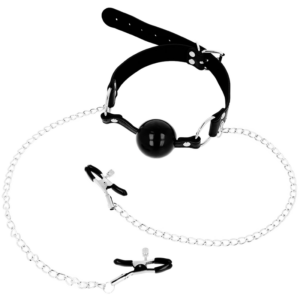 Ohmama Fetish-Fetish Ball Gag Nero con morsetti per capezzoli-Metallo