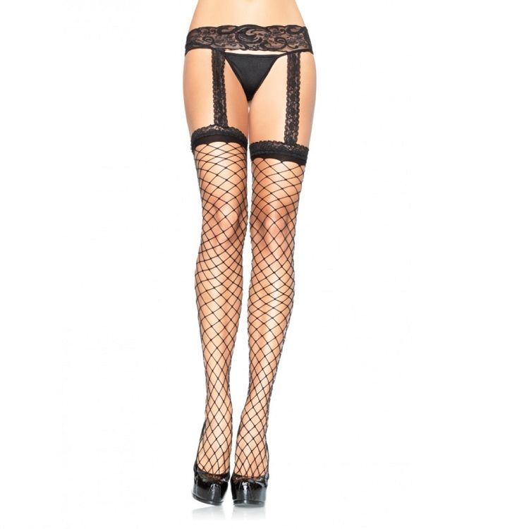 Leg Avenue Hosiery-Calze a rete con giarrettiera in pizzo Nera