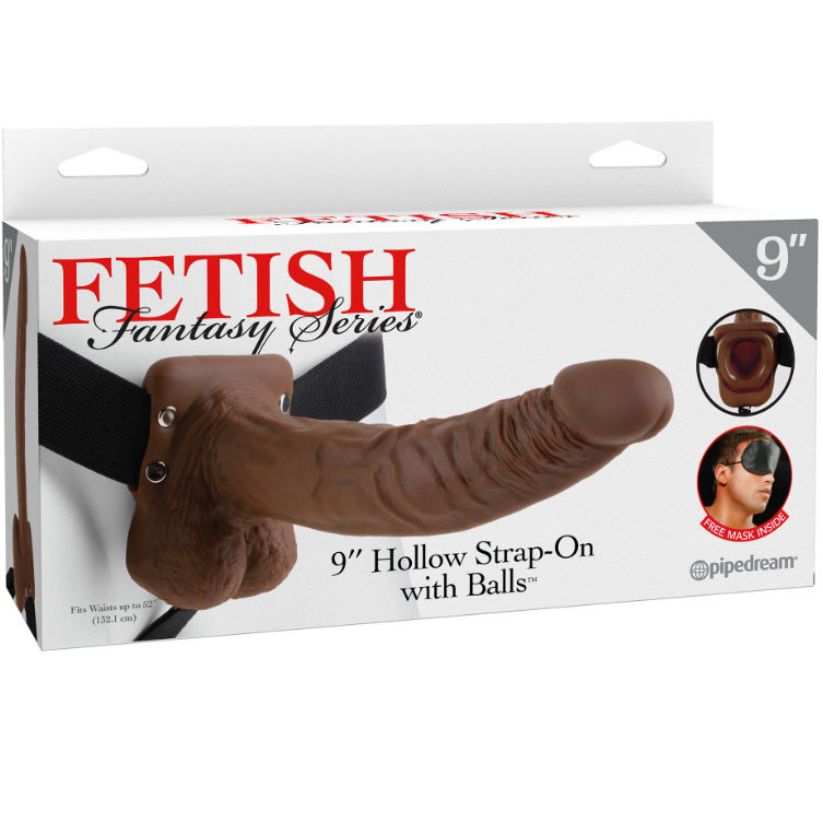 Fetish Fantasy Series-Strap-on Vuoto 22.9cm con testicoli, Marrone-PVC