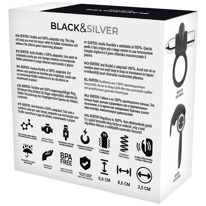 Black&silver-Anello ricaricabile Burton 10 modalità 3 Black&silver-Anello ricaricabile Burton 10 modalità — BLACK&SILVER · Anelli & Guaine per pene (imaginea 3)