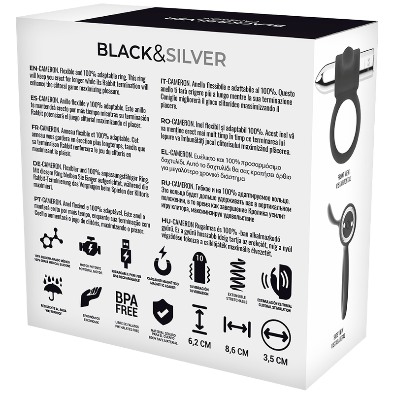Black&Silver-Cameron Anello Ricaricabile Silicone 10 velocità — BLACK&SILVER · Anelli & Guaine per pene (imaginea 4)