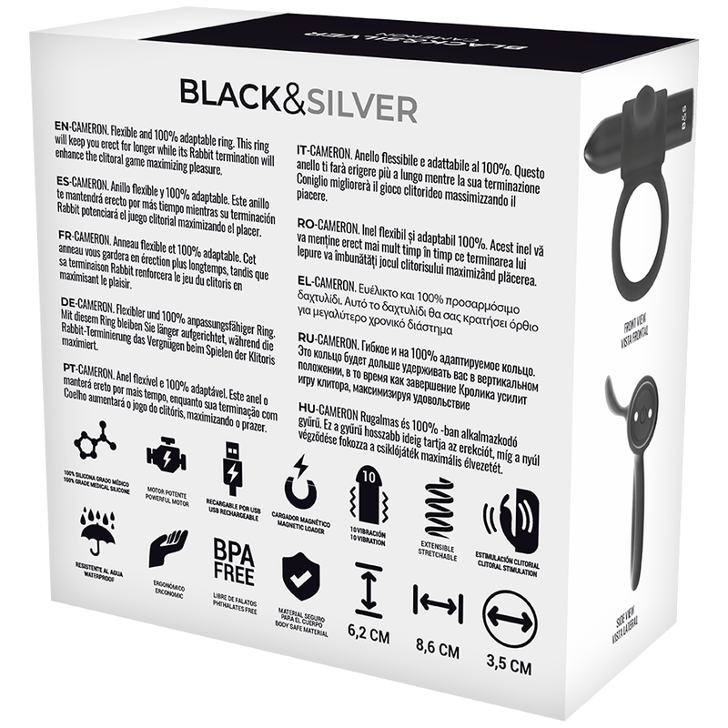 Black&Silver-Cameron Anello Ricaricabile Silicone 10 velocità — BLACK&SILVER · Anelli & Guaine per pene (imaginea 8)