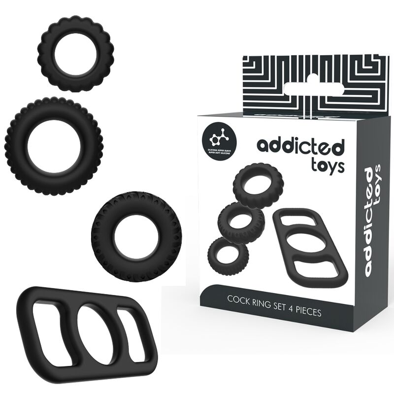 Addicted Toys-Set Anelli per Pene 4 Pezzi-Silicone, Impermeabile 8 Addicted Toys-Set Anelli per Pene 4 Pezzi-Silicone, Impermeabile · Anelli & Guaine per pene (immagine 8)