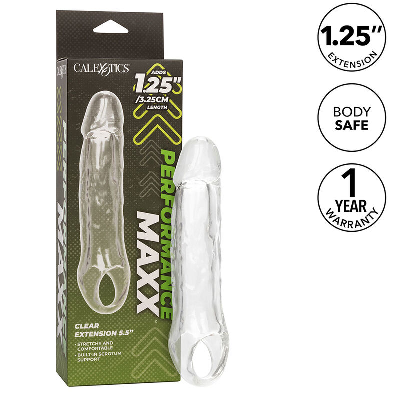 Calexotics-Prestazioni Maxx Clear Extension 5,5 Trasparente 9 Calexotics-Prestazioni Maxx Clear Extension 5,5 Trasparente · Anelli & Guaine per pene (immagine 9)