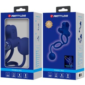 For Him-Anello vibrante doppio Remington con tappo, Blu-Silicone — PRETTY LOVE · Anelli & Guaine per pene (imaginea 5)