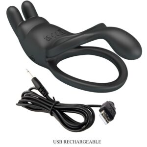 For Him-Seth Anello Vibrante Doppio Coniglio 7 Vibrazioni Nero-Silicone — PRETTY LOVE · Anelli & Guaine per pene (imaginea 8)