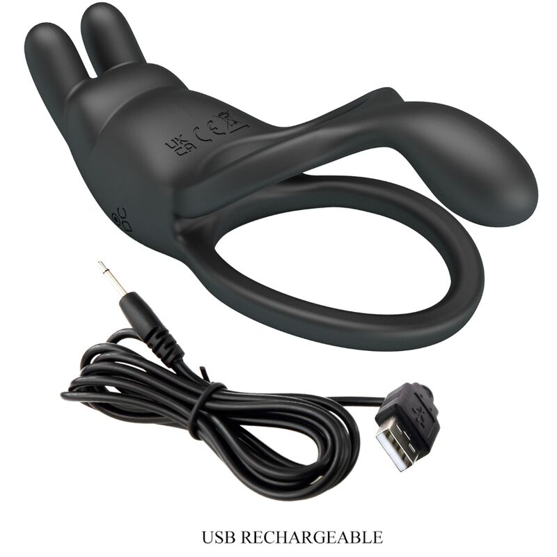 For Him-Seth Anello Vibrante Doppio Coniglio 7 Vibrazioni Nero-Silicone — PRETTY LOVE · Anelli & Guaine per pene (imaginea 8)