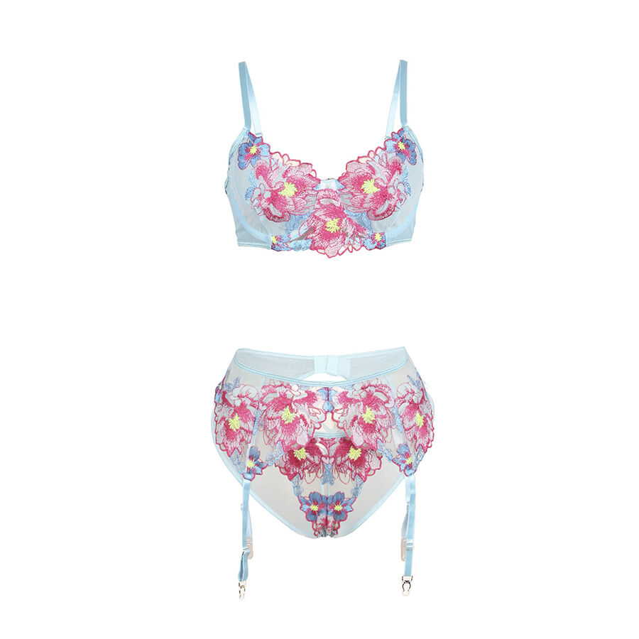 Subblime-957643 Set reggiseno e giarrettiera ricamati con fiori Rosa · Lingerie sexy donna (imaginea 9)