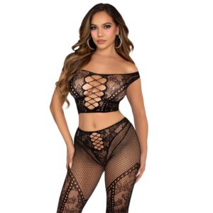 Leg Avenue Sets-Top Crop e collant a maglia con spalline, Nero