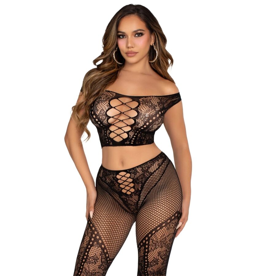 Leg Avenue Sets-Top Crop e collant a maglia con spalline, Nero