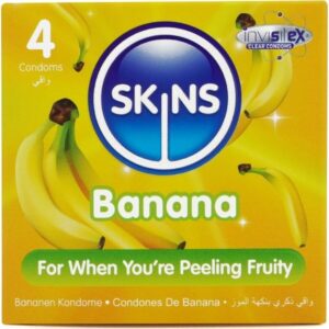 Skins-Preservativi Premium Aroma Banana, Pacchetto 4-Latex