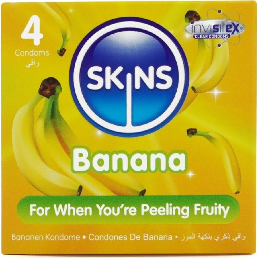 Skins-Preservativi Premium Aroma Banana, Pacchetto 4-Latex