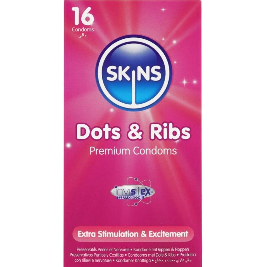Skins-Dots & Ribs Premium Preservativi Pacchetto 16-Latex