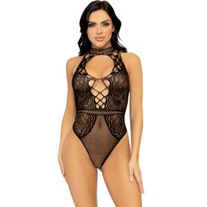 Leg Avenue Bodystockings-Body Halter Rete e Pizzo con Decoupage