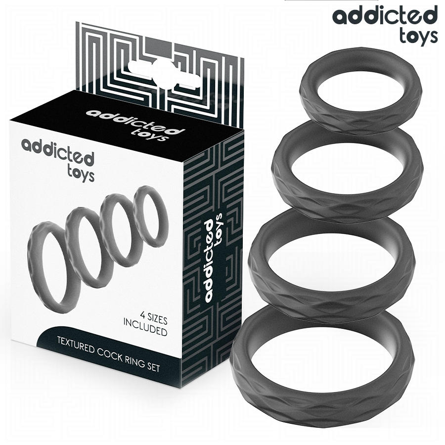 Addicted Toys-Set di anelli penieni strutturati 4 dimensioni in silicone 1 Addicted Toys-Set di anelli penieni strutturati 4 dimensioni in silicone · Anelli & Guaine per pene