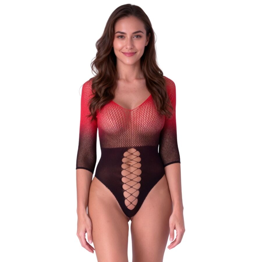 Passion Woman Bodystockings-BS118 Bodystocking Mesh Nero e Rosso