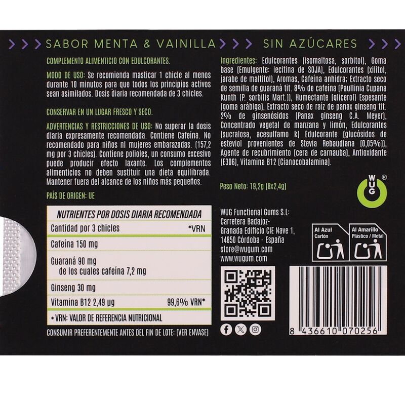 Wug Gum-On Guma Funzionale con Caffeina e Guaranà, Sapore di Menta 4 Wug Gum-On Guma Funzionale con Caffeina e Guaranà, Sapore di Menta · Integratori alimentari (immagine 4)