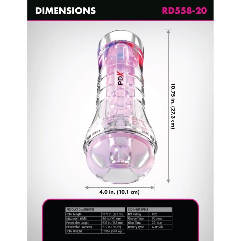 Pdx Elite-Viewtube XXL LED Trasparente Stroker 27.3 CM — PIPEDREAMS · Masturbatori (imaginea 5)