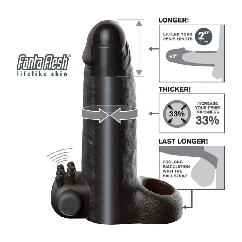 Pipedreams-Fantasy X-Tension Guaina Vibrator +5 cm Nero · Anelli & Guaine per pene (imaginea 5)